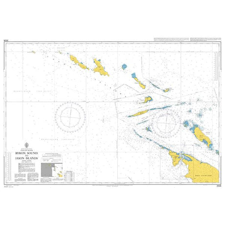 Product image of Admiralty Chart 2526 | Byron Sound to Jason Islands, featuring navigational markings, depth soundings, and coastal features, essential for safe marine navigation. It could be displayed as an art piece or used for navigation on a boat or ship.