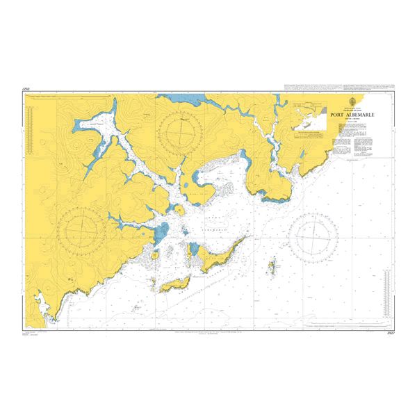 Product image of Admiralty Chart 2527 | Port Albemarle, featuring navigational markings, depth soundings, and coastal features, essential for safe marine navigation. It could be displayed as an art piece or used for navigation on a boat or ship.