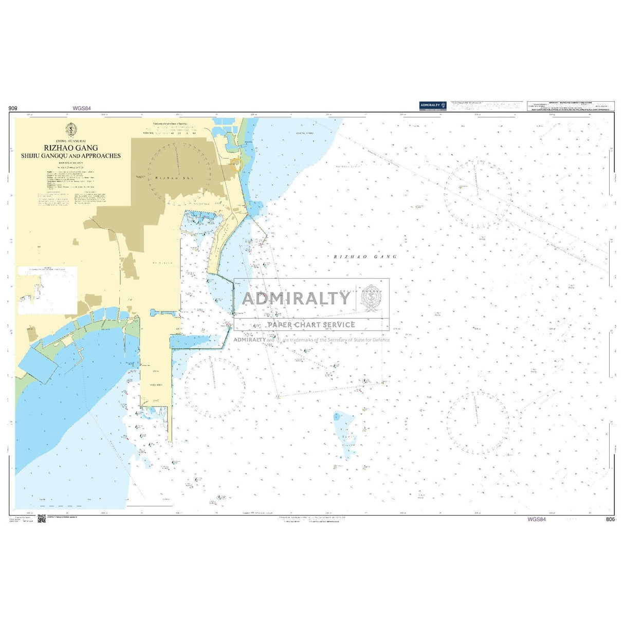Admiralty Chart 806: Rizhao Gang Shijiu Gangqu and Approaches by Admiralty details harbor, coastline, depths, navigation aids, routes, and map symbols near Rizhao, China.