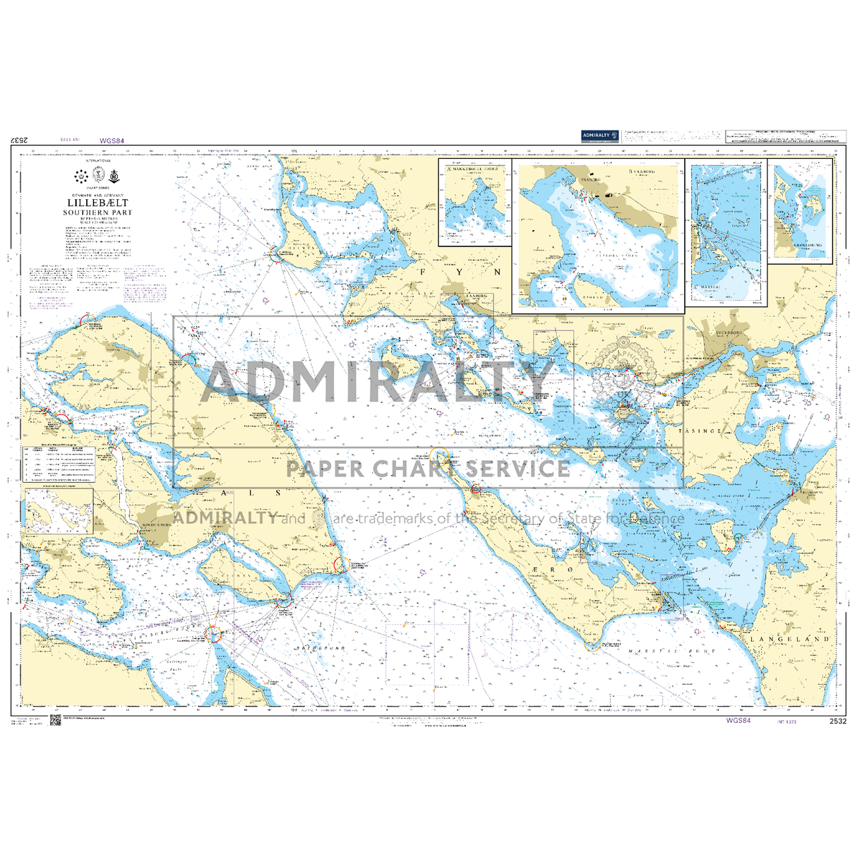 Product image of Admiralty Chart 2532 | Lillebaelt Southern Part, featuring navigational markings, depth soundings, and coastal features, essential for safe marine navigation. It could be displayed as an art piece or used for navigation on a boat or ship.