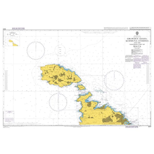 Product image of Admiralty Chart 2537 | Ghawdex (Gozo), Kemmuna (Comino) and the Northern Part of Malta, featuring navigational markings, depth soundings, and coastal features, essential for safe marine navigation. It could be displayed as an art piece or used for navigation on a boat or ship.