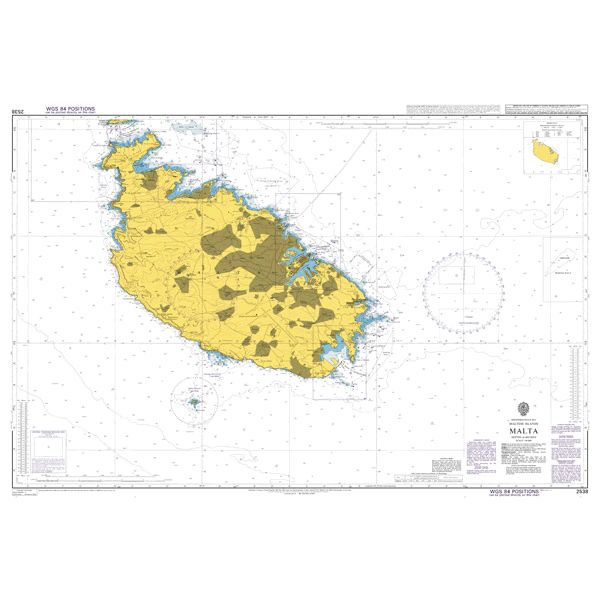 Product image of Admiralty Chart 2538 | Malta, featuring navigational markings, depth soundings, and coastal features, essential for safe marine navigation. It could be displayed as an art piece or used for navigation on a boat or ship.