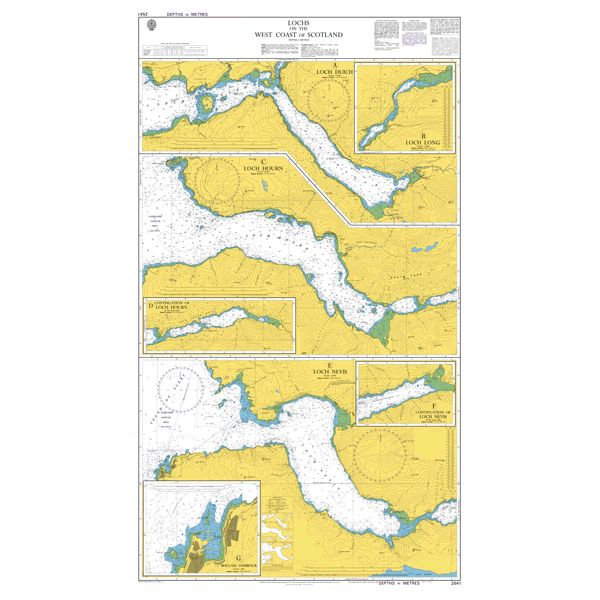 Product image of Admiralty Chart 2541 | Lochs on the West Coast of Scotland, featuring navigational markings, depth soundings, and coastal features, essential for safe marine navigation. It could be displayed as an art piece or used for navigation on a boat or ship.