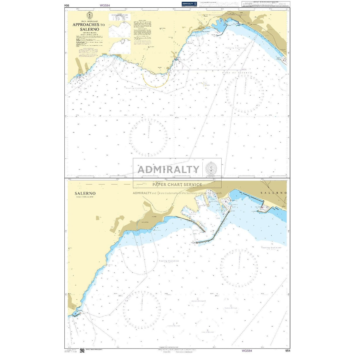 Admiralty Chart 954: Approaches to Salerno by Admiralty shows detailed coastline, water depths, ports, and navigational markers near Salerno, Italy. Includes two sections for varied views; based on official UKHO Admiralty paper charts.
