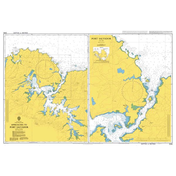 Product image of Admiralty Chart 2546 | Approaches to Port Salvador, featuring navigational markings, depth soundings, and coastal features, essential for safe marine navigation. It could be displayed as an art piece or used for navigation on a boat or ship.