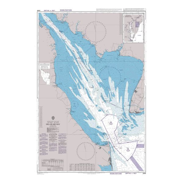 Product image of Admiralty Chart 2564 | Delaware Bay, featuring navigational markings, depth soundings, and coastal features, essential for safe marine navigation. It could be displayed as an art piece or used for navigation on a boat or ship.