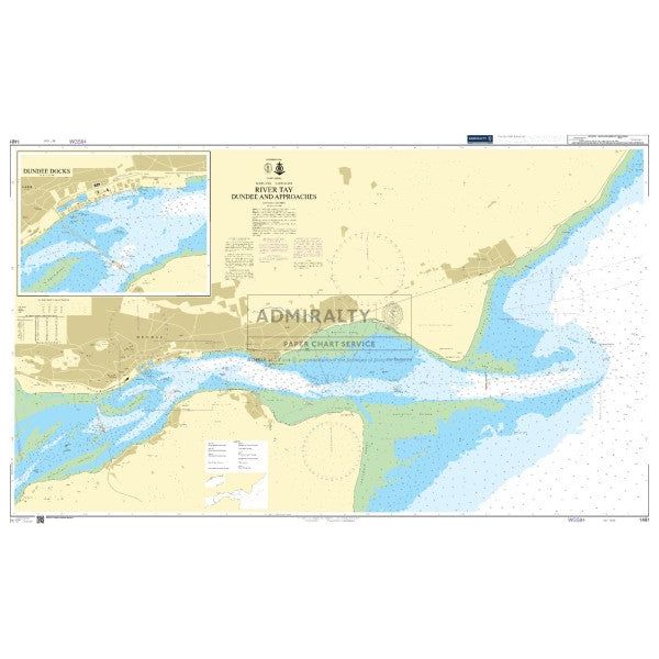 Admiralty Chart 1481: River Tay Dundee and Approaches by Admiralty details the river, nearby land, and Dundee Docks with depths, SOLAS navigation aids, and coastal data conforming to ADMIRALTY Standard Nautical Charts.