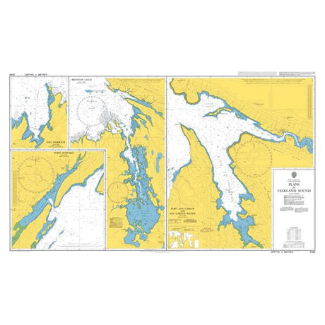 Product image of Admiralty Chart 2582 | Plans in Falkland Sound, featuring navigational markings, depth soundings, and coastal features, essential for safe marine navigation. It could be displayed as an art piece or used for navigation on a boat or ship.