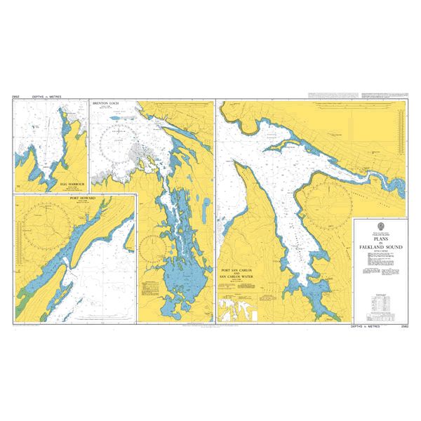 Product image of Admiralty Chart 2582 | Plans in Falkland Sound, featuring navigational markings, depth soundings, and coastal features, essential for safe marine navigation. It could be displayed as an art piece or used for navigation on a boat or ship.