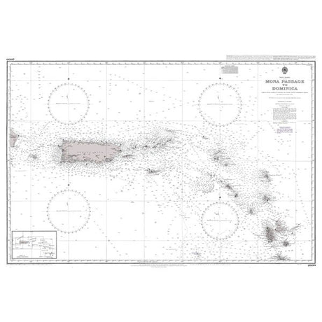 Product image of Admiralty Chart 2600 | Mona Passage to Dominica, featuring navigational markings, depth soundings, and coastal features, essential for safe marine navigation. It could be displayed as an art piece or used for navigation on a boat or ship.