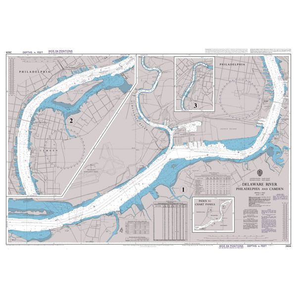 Product image of Admiralty Chart 2604 | Delaware River Philadelphia and Camden, featuring navigational markings, depth soundings, and coastal features, essential for safe marine navigation. It could be displayed as an art piece or used for navigation on a boat or ship.