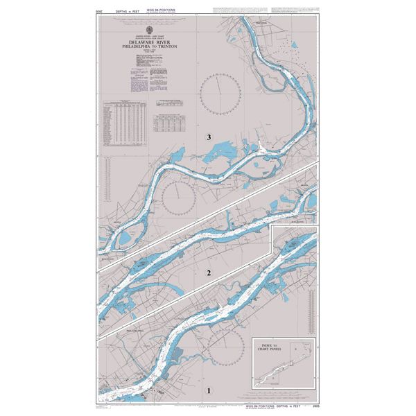 Product image of Admiralty Chart 2605 | Delaware River Philadelphia to Trenton, featuring navigational markings, depth soundings, and coastal features, essential for safe marine navigation. It could be displayed as an art piece or used for navigation on a boat or ship.
