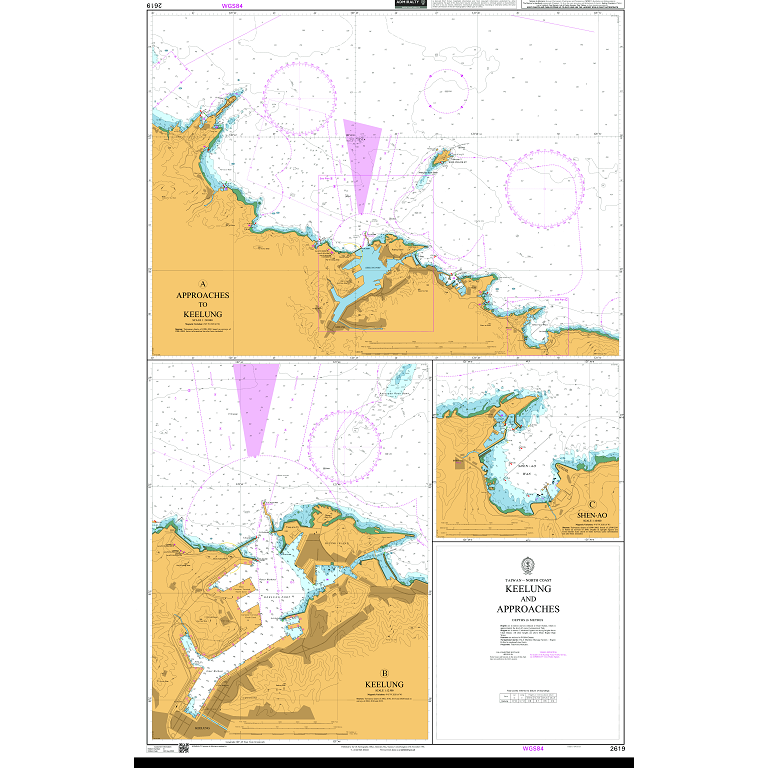 Product image of Admiralty Chart 2619 | Keelung and Approaches, featuring navigational markings, depth soundings, and coastal features, essential for safe marine navigation. It could be displayed as an art piece or used for navigation on a boat or ship.