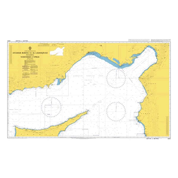 Product image of Admiralty Chart 2632 | Anamur Burnu to Al Ladhiqiyah including Northern Cyprus, featuring navigational markings, depth soundings, and coastal features, essential for safe marine navigation. It could be displayed as an art piece or used for navigation on a boat or ship.