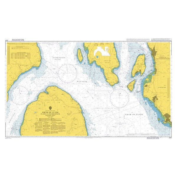 The Admiralty Chart 2221: Firth of Clyde Pladda to Inchmarnock Northern Sheet offers safe navigation with detailed coastlines, depth contours, and navigational aids. Land is in yellow, shallow areas in light blue, and deep waters in darker blue.