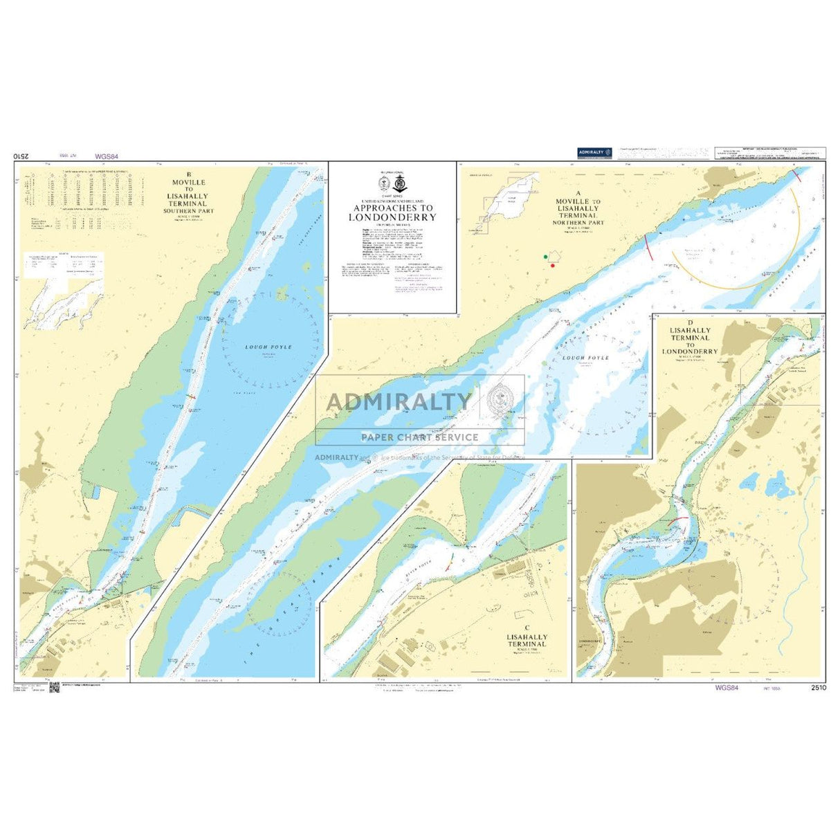 The Admiralty Chart 2510: Approaches to Londonderry provides a detailed depiction of the River Foyle. It features inset maps from Moville to Lisahally Terminal and Londonderry, offering safe navigation with marked water depths, navigational aids, and landmarks.