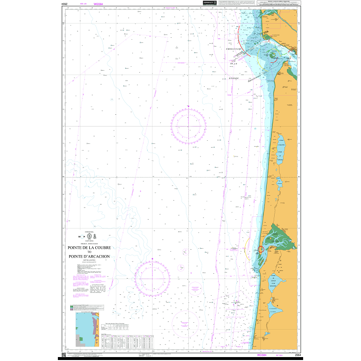 Product image of Admiralty Chart 2664 | Pointe de la Coubre to Pointe d'Arcachon, featuring navigational markings, depth soundings, and coastal features, essential for safe marine navigation. It could be displayed as an art piece or used for navigation on a boat or ship.