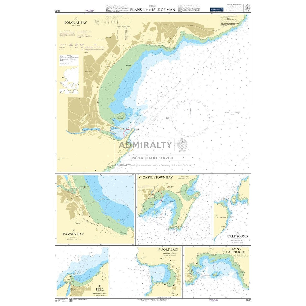 Admiralty Chart 2696: Plans in the Isle of Man by Admiralty offers detailed navigation including depths, routes, and landmarks, featuring maps of Douglas Bay, Ramsey Bay, Castletown Bay, Bay ny Carrickey, Port Erin, and Peel for safe coastal sailing.