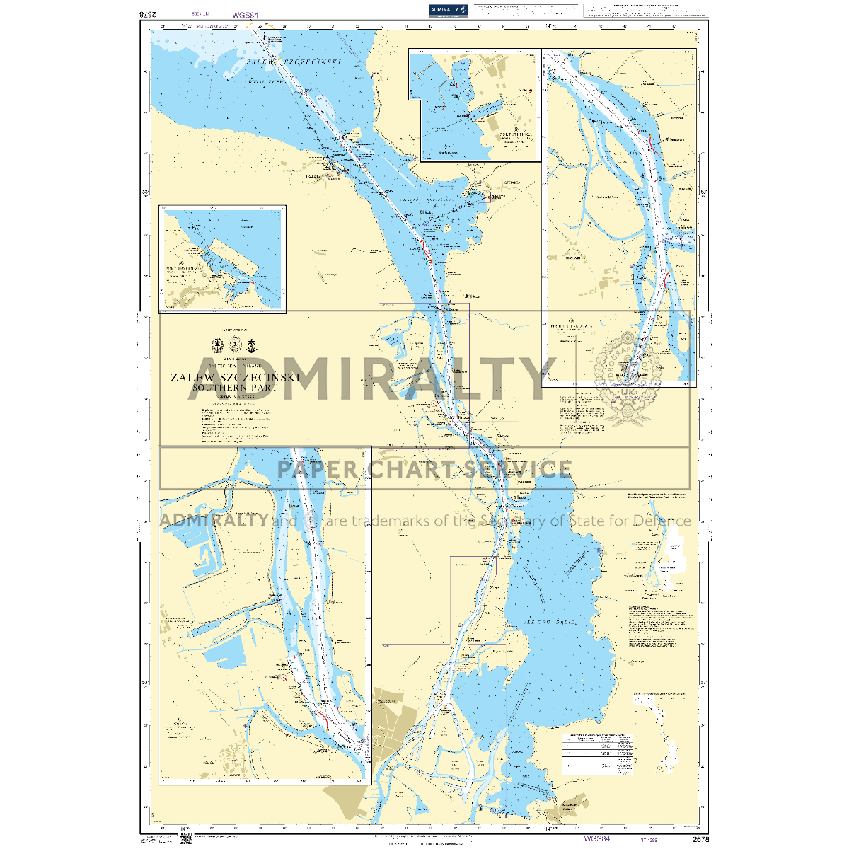 Product image of Admiralty Chart 2678 | Zalew Szczecinski Southern Part, featuring navigational markings, depth soundings, and coastal features, essential for safe marine navigation. It could be displayed as an art piece or used for navigation on a boat or ship.