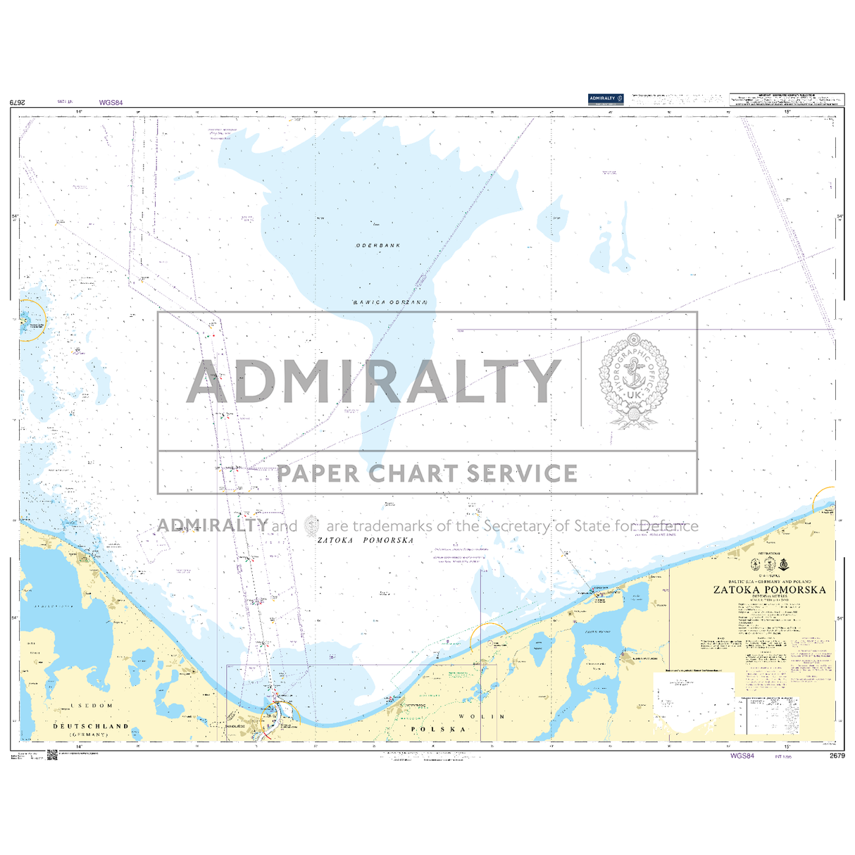 Product image of Admiralty Chart 2679 | Zatoka Pomorska, featuring navigational markings, depth soundings, and coastal features, essential for safe marine navigation. It could be displayed as an art piece or used for navigation on a boat or ship.