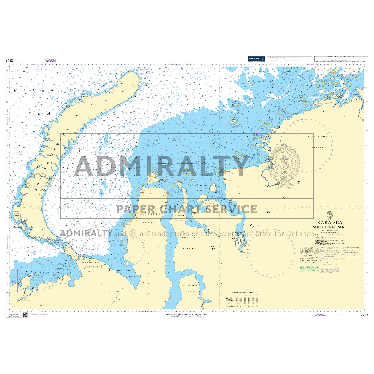 Product image of Admiralty Chart 2684 | Kara Sea Southern Part, featuring navigational markings, depth soundings, and coastal features, essential for safe marine navigation. It could be displayed as an art piece or used for navigation on a boat or ship.