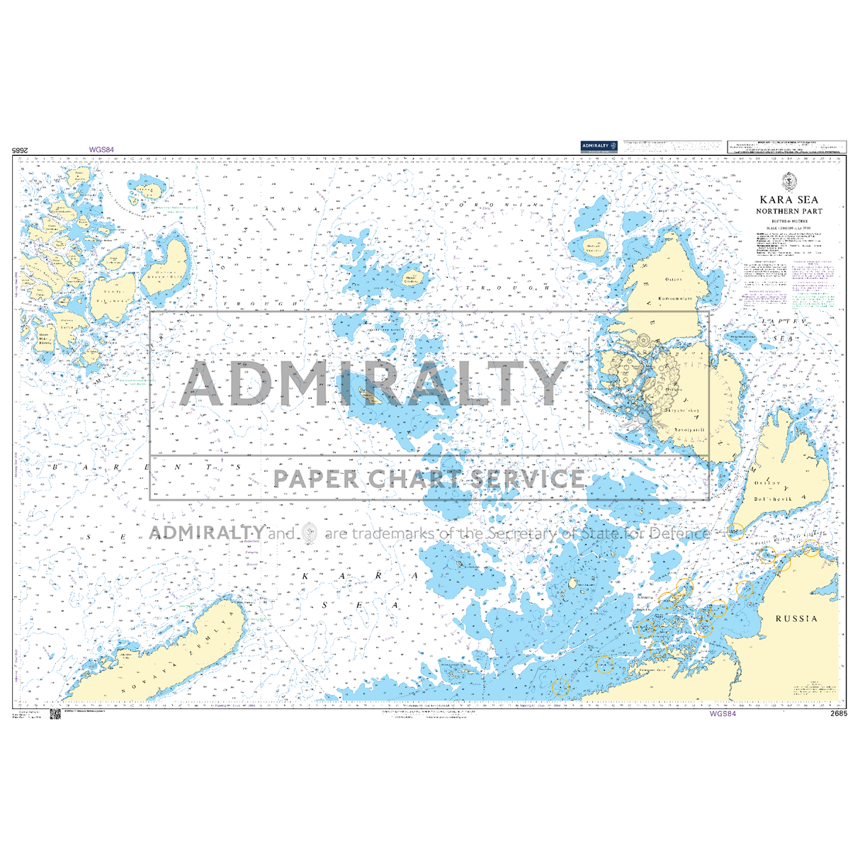 Product image of Admiralty Chart 2685 | Kara Sea Northern Part, featuring navigational markings, depth soundings, and coastal features, essential for safe marine navigation. It could be displayed as an art piece or used for navigation on a boat or ship.