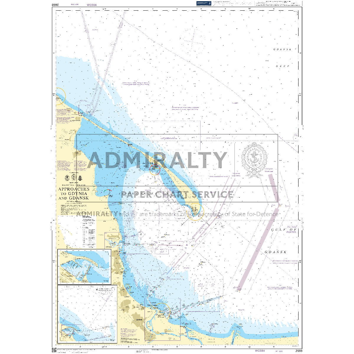 Product image of Admiralty Chart 2688 | Approaches to Gdynia and Gdansk, featuring navigational markings, depth soundings, and coastal features, essential for safe marine navigation. It could be displayed as an art piece or used for navigation on a boat or ship.