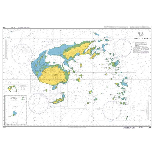 Product image of Admiralty Chart 2691 | Fiji Islands, featuring navigational markings, depth soundings, and coastal features, essential for safe marine navigation. It could be displayed as an art piece or used for navigation on a boat or ship.