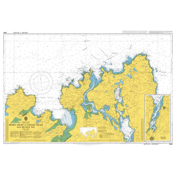 Product image of Admiralty Chart 2699 | Horn Head to Fanad Head with Mulroy Bay, featuring navigational markings, depth soundings, and coastal features, essential for safe marine navigation. It could be displayed as an art piece or used for navigation on a boat or ship.