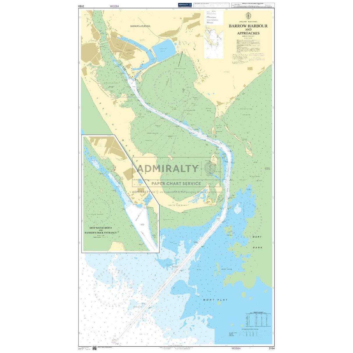 The Admiralty Chart 3164: Barrow Harbour and Approaches by Admiralty depicts the harbour's approaches with detailed waterways, depths, and landmasses in multiple colors. Essential for safe navigation, it includes navigational details and an inset focusing on commercial shipping routes.