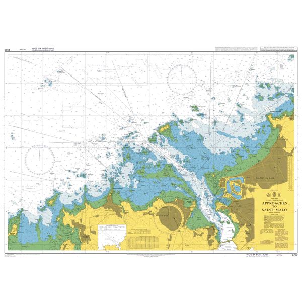 Product image of Admiralty Chart 2700 | Approaches to Saint-Malo, featuring navigational markings, depth soundings, and coastal features, essential for safe marine navigation. It could be displayed as an art piece or used for navigation on a boat or ship.