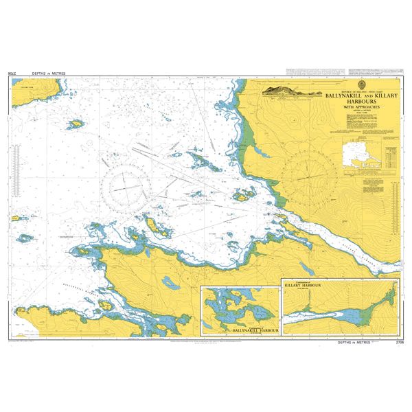 Product image of Admiralty Chart 2706 | Ballynakill and Killary Harbours with Approaches, featuring navigational markings, depth soundings, and coastal features, essential for safe marine navigation. It could be displayed as an art piece or used for navigation on a boat or ship.