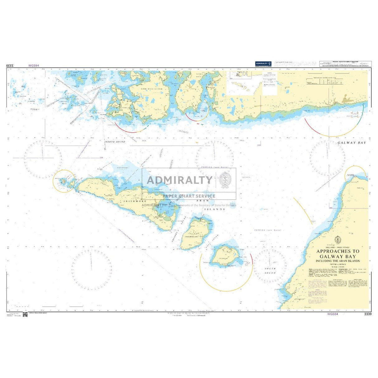 Admiralty Chart 3339: Approaches to Galway Bay, including the Aran Islands, ensures safe navigation with depth contours, navigational aids, and coastline details. It complies with SOLAS regulations and annotates land masses and marine boundaries for sailors and navigators.