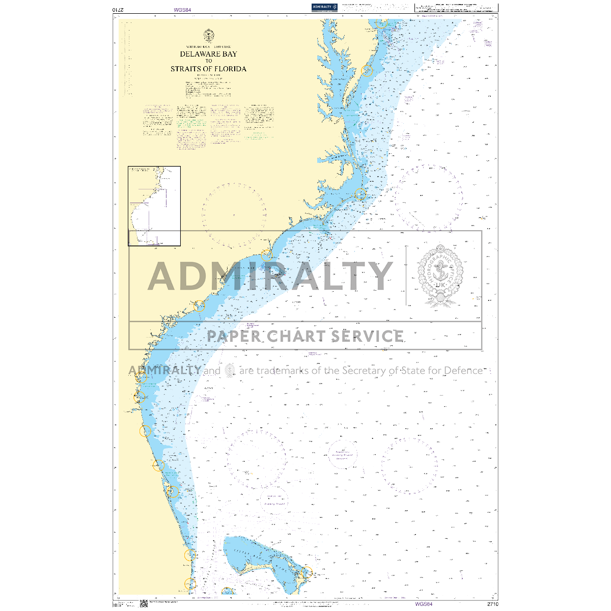 Product image of Admiralty Chart 2710 | Delaware Bay to Straits of Florida, featuring navigational markings, depth soundings, and coastal features, essential for safe marine navigation. It could be displayed as an art piece or used for navigation on a boat or ship.