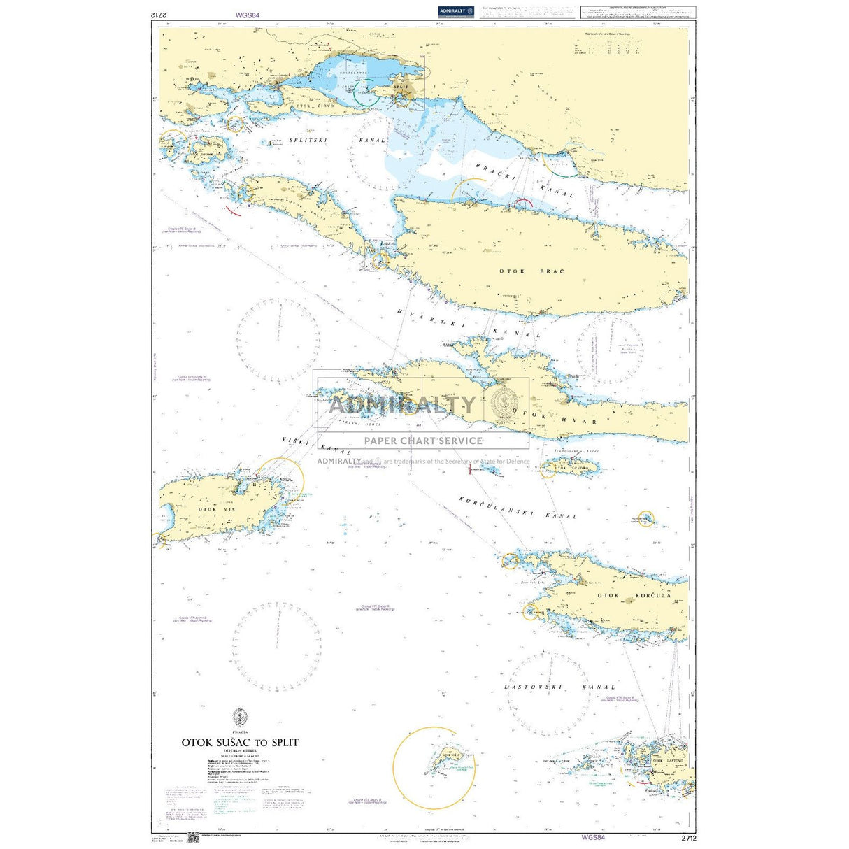 Admiralty Chart 2712: Otok Susac to Split is a nautical chart by Admiralty, showing the Adriatic coast with commercial shipping routes, water depths, navigation markers, and coastal features. ADMIRALTY Standard Nautical Chart branding is visible.