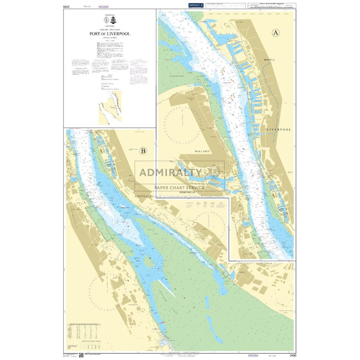 Admiralty Chart 3490: Port of Liverpool by Admiralty details the Mersey River, docks, and nearby areas, featuring depth markings, commercial shipping routes, and labeled landmarks to aid in safe navigation.