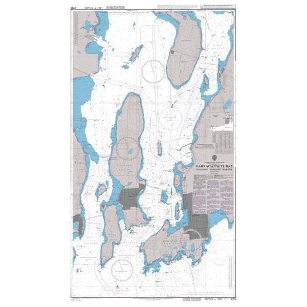 Product image of Admiralty Chart 2730 | Narragansett Bay including Newport Harbor, featuring navigational markings, depth soundings, and coastal features, essential for safe marine navigation. It could be displayed as an art piece or used for navigation on a boat or ship.
