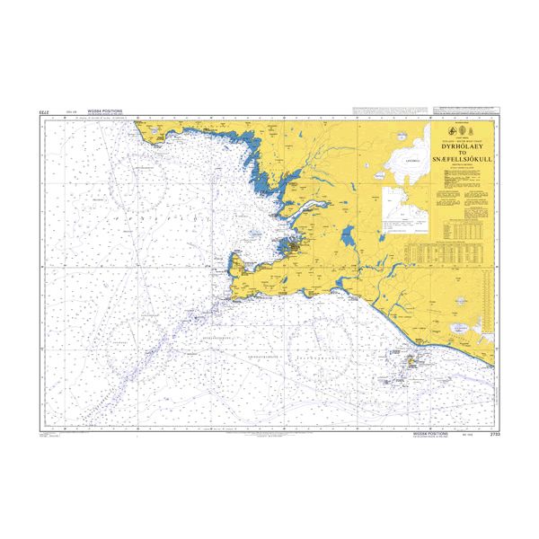 Product image of Admiralty Chart 2733 | Dyrholaey to Snaefellsjokull, featuring navigational markings, depth soundings, and coastal features, essential for safe marine navigation. It could be displayed as an art piece or used for navigation on a boat or ship.