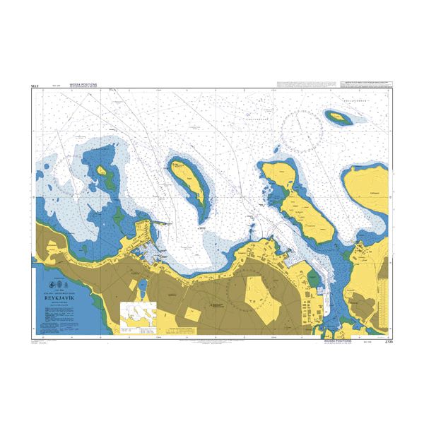 Product image of Admiralty Chart 2735 | Reykjavik, featuring navigational markings, depth soundings, and coastal features, essential for safe marine navigation. It could be displayed as an art piece or used for navigation on a boat or ship.