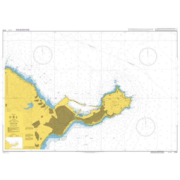 Product image of Admiralty Chart 2742 | Ceuta, featuring navigational markings, depth soundings, and coastal features, essential for safe marine navigation. It could be displayed as an art piece or used for navigation on a boat or ship.