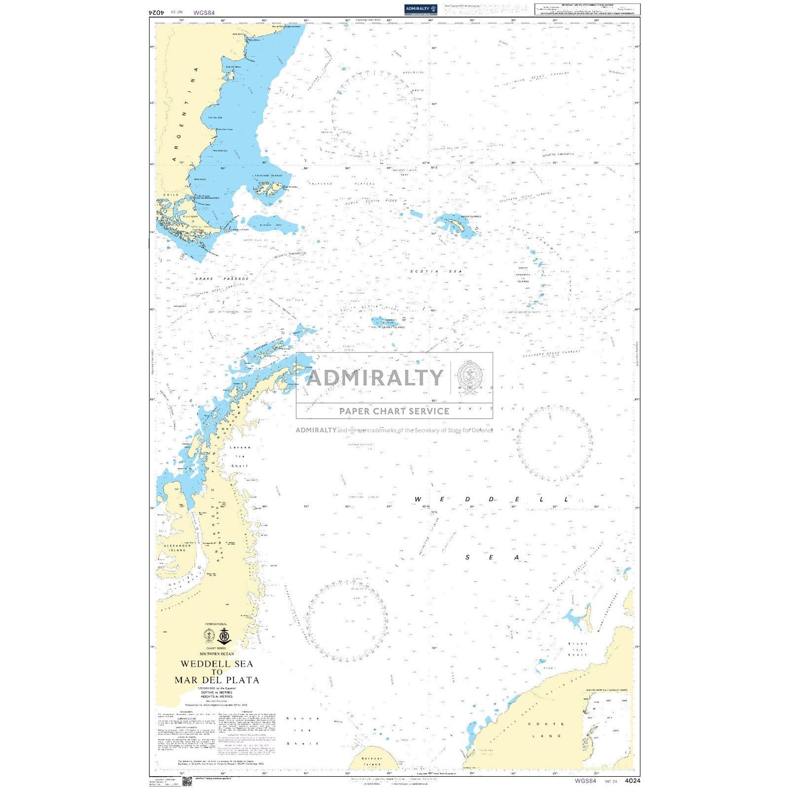 The Admiralty Chart 4024, titled "Weddell Sea to Mar del Plata," offers essential navigation details for commercial shipping with coastlines, depths, and navigational markers highlighted in yellow and blue.