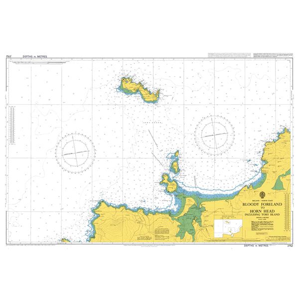 Product image of Admiralty Chart 2752 | Bloody Foreland to Horn Head including Tory Island, featuring navigational markings, depth soundings, and coastal features, essential for safe marine navigation. It could be displayed as an art piece or used for navigation on a boat or ship.