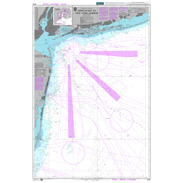 Product image of Admiralty Chart 2755 | Approaches to New York Harbor, featuring navigational markings, depth soundings, and coastal features, essential for safe marine navigation. It could be displayed as an art piece or used for navigation on a boat or ship.