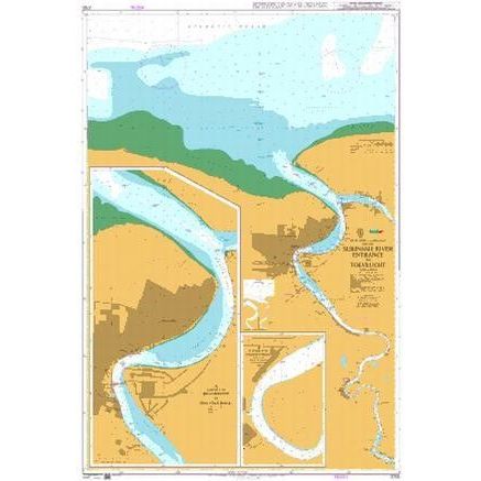 Product image of Admiralty Chart 2765 | Suriname River Entrance to Toevlucht, featuring navigational markings, depth soundings, and coastal features, essential for safe marine navigation. It could be displayed as an art piece or used for navigation on a boat or ship.