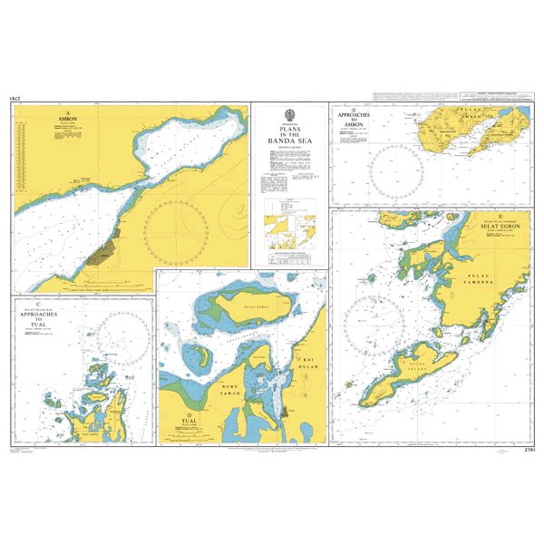 Product image of Admiralty Chart 2791 | Plans in the Banda Sea, featuring navigational markings, depth soundings, and coastal features, essential for safe marine navigation. It could be displayed as an art piece or used for navigation on a boat or ship.