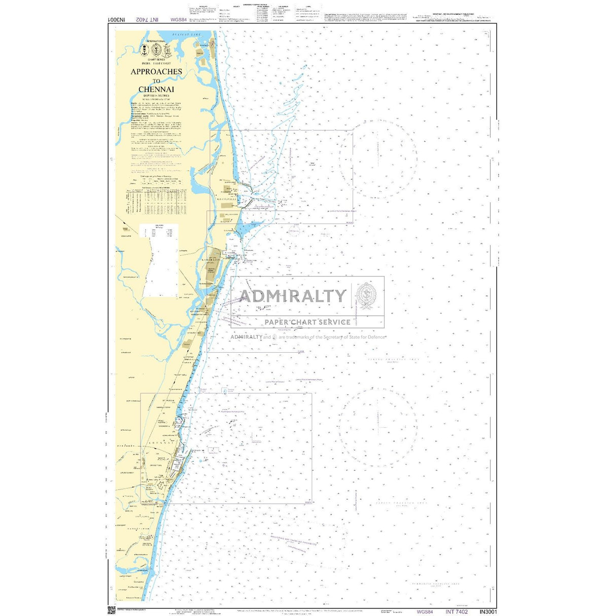 Admiralty Chart IN3001: Approaches to Chennai by Admiralty details water depths, navigation routes, coastline features, and port info near Chennai, India—produced to Admiralty Standard for safe maritime navigation.