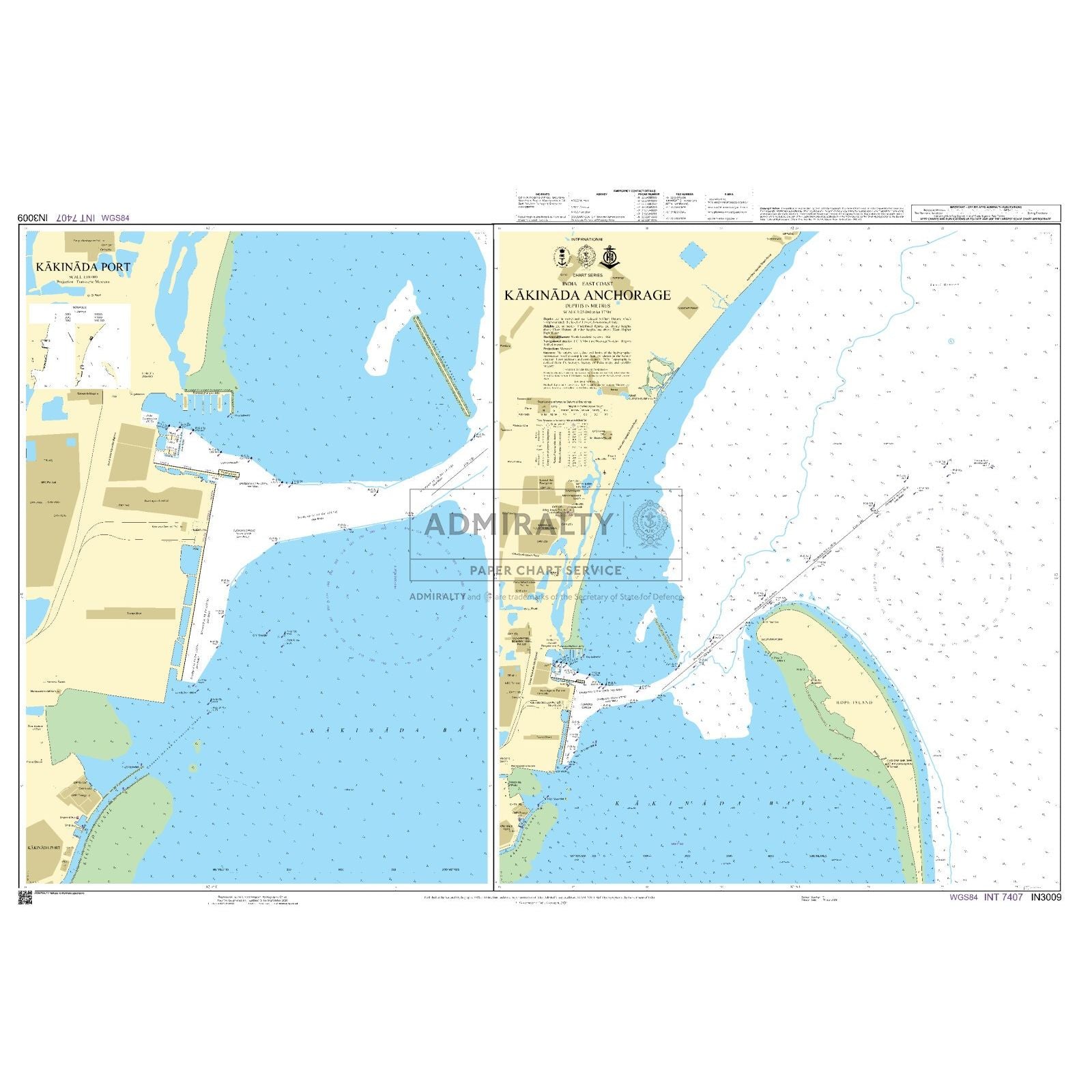 Admiralty Chart IN3009: Kakinada Anchorage by Admiralty details Kakinada Port and Anchorage in India, including coastal maps, water depths, navigation aids, and marine routes as part of the Admiralty Standard Nautical Chart series.