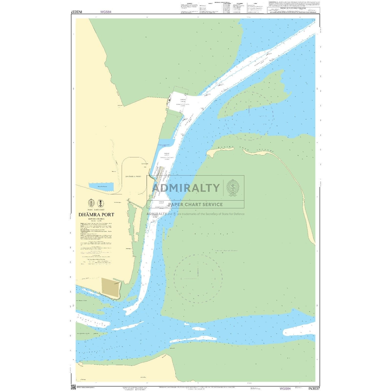 Admiralty Chart IN3037: Dhamra Port by Admiralty follows Admiralty Standard Nautical Chart guidelines, displaying waterways, docks, land features, navigation markers, depth contours, key port details, with legend and scale on the left.