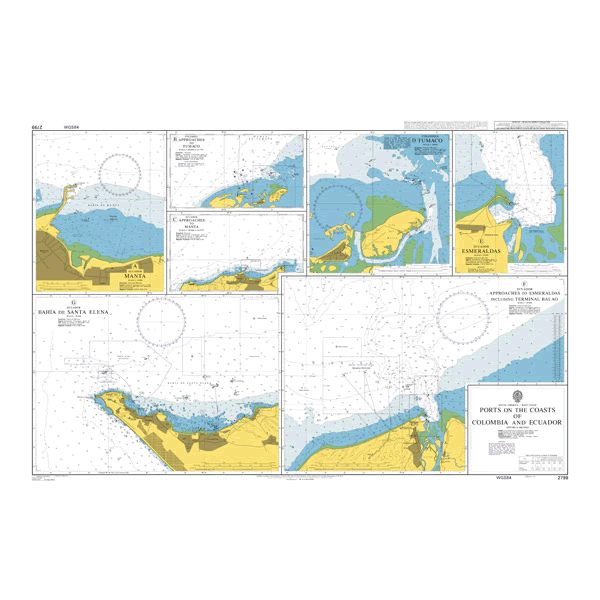Product image of Admiralty Chart 2799 | Ports on the Coasts of Colombia and Ecuador, featuring navigational markings, depth soundings, and coastal features, essential for safe marine navigation. It could be displayed as an art piece or used for navigation on a boat or ship.