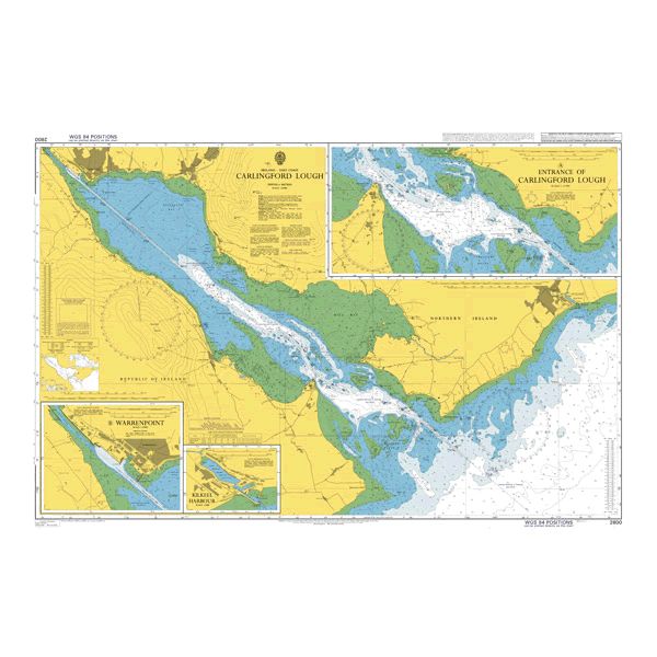 Product image of Admiralty Chart 2800 | Carlingford Lough, featuring navigational markings, depth soundings, and coastal features, essential for safe marine navigation. It could be displayed as an art piece or used for navigation on a boat or ship.